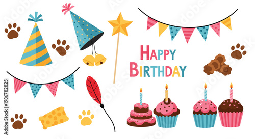 Decorative birthday elements including party hats, cupcakes with candles, pennant banners, and cute animal paw prints.
