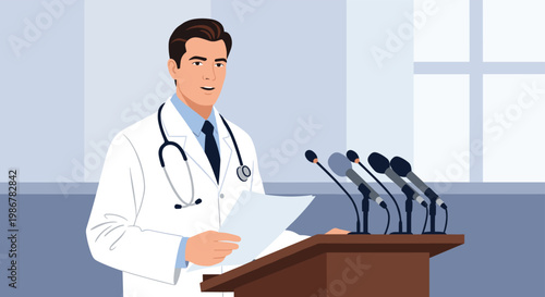 Professional male doctor in a white lab coat speaking at a podium during a press conference with several microphones.