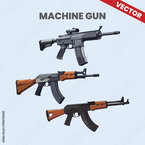 Fotografi Set of Modern Assault Rifle and Machine Gun Vector Illustration