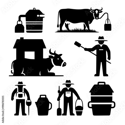 Dairy Farming Silhouettes and Milk Production Icons Set
