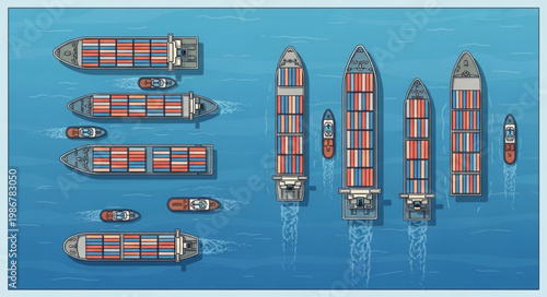 Aerial View of Container Ships Sailing on the Ocean.