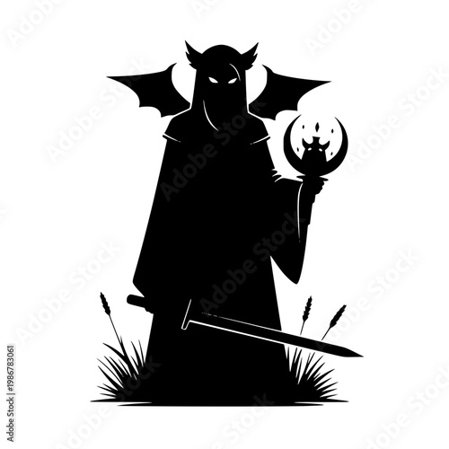Dark warlock silhouette with hooded cloak wings and magic staff