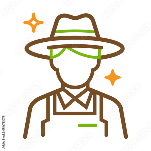 Farmer Person Vector Line Icon in Brown and Green with Hat and Apron Agriculture Worker Symbol with Orange Sparkle Accents on White Background