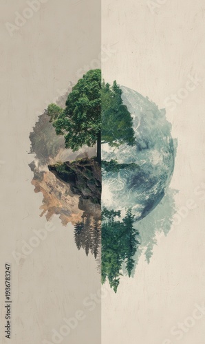 Nature Split Image Of Earth And Forest With Tree Centered