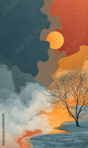 Serene Abstract Landscape with Tree and Sunset Over Calm Waters