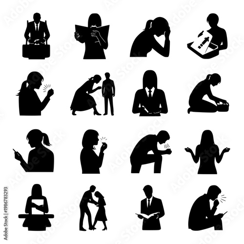 Set of People Silhouettes in Various Activities and Emotional States