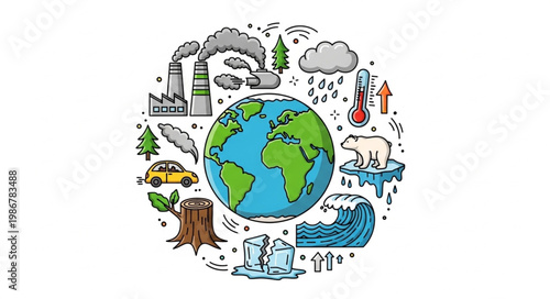 Global Warming and Climate Change Illustration with Environmental Impact Elements.