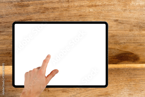 Horizontal tablet mockup on wooden surface. Clean isolated PNG with transparent screen.