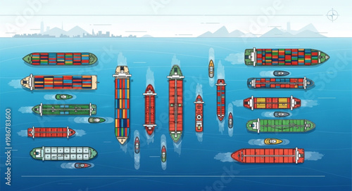 Aerial View of Container Ships in the Ocean - A Fleet of Global Trade.