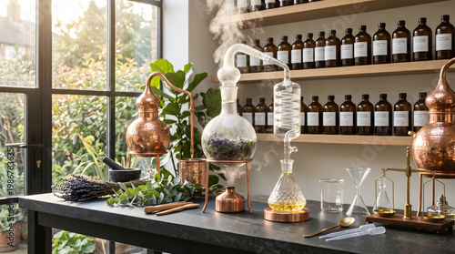 Herbal distillation setup with copper equipment and glassware on a table