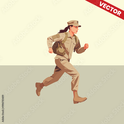Young Woman Soldier Running in Military Uniform, Female Army Officer Sprinting During Training Exercise, Strong and Active Woman in Armed Forces Character Illustration