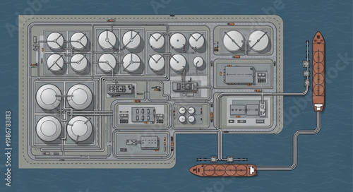 Overhead View of an Industrial Plant with Storage Tanks.