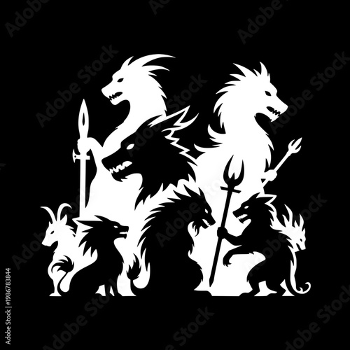 Mythical Fantasy Creatures and Monsters Silhouette Group Illustration