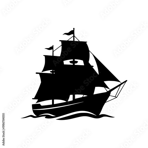Vintage sailing ship silhouette on ocean waves vector illustration