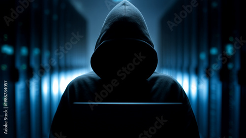 Enigmatic hooded figure with laptop faces blue-lit server room.