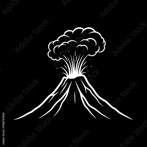 Volcano Eruption Minimalist White Line Art Illustration on Black Background
