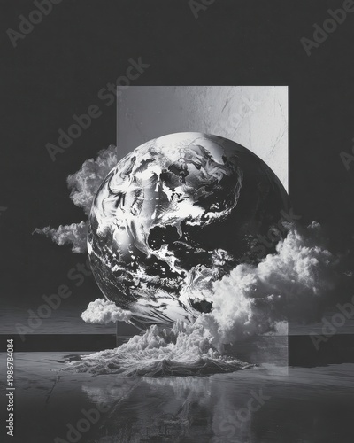 Surreal Black and White Earth with Clouds and Geometric Shape