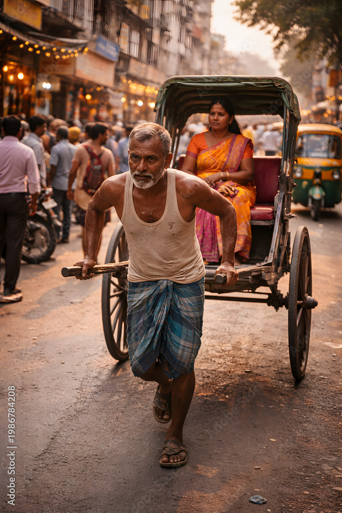 Obraz premium Rickshaw Puller Carrying Passenger Through Busy City Street at Sunset