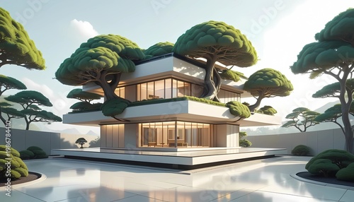 Modern Luxury Villa Architecture Integrated with Large Bonsai Trees