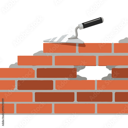 Bricklaying Trowel Spreading Mortar On New Brick Wall Construction