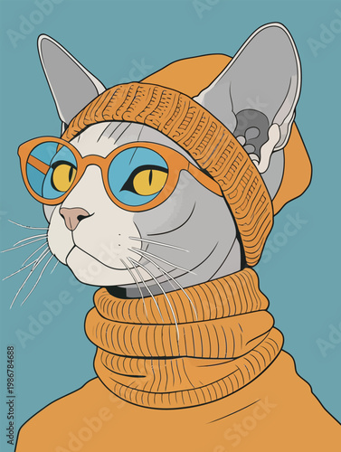 Hip Sphynx Cat in Yellow Outfit and Glasses