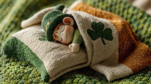 Sweet leprechaun doll sleeps soundly under cozy Irish flag blanket.