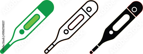 Digital thermometer icons, medical device set with colored line art and silhouette versions diagonal layout healthcare illustration isolated on white