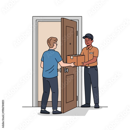 Delivery man hands package to customer at front door, doorstep delivery service concept