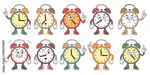 Groovy Alarm Clock Characters Vector Set – Funny Vintage Clock Illustrations with Various Poses and Emotions, Comic Retro Watches for Stickers, Posters, Trendy Cartoon Elements, and Modern Design