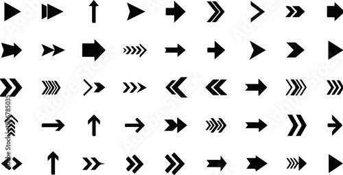 Minimalist black arrow icon set, 45 geometric directional vector symbols, clean navigation pointers for web interface and infographic design