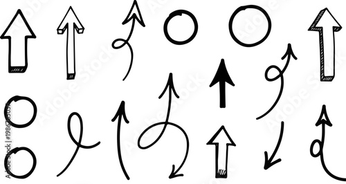 Hand drawn arrow set with circles, black ink doodle arrows and pointer icons, sketchy vector collection for business presentations and infographics