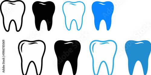Minimalist dental tooth icons set, 8 vector molar tooth symbols in black and blue, professional dentistry clinic branding and oral health care graphics