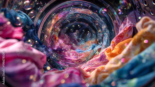 Vibrant clothes swirl dynamically in washing machine full of bubbles.