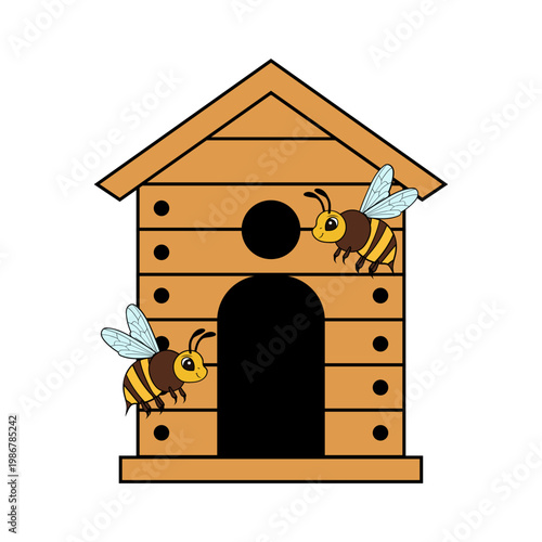 Cute Cartoon Beehive with Honey Bees