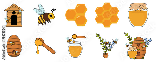 Cute Honey Bee and Apiary Icon Set