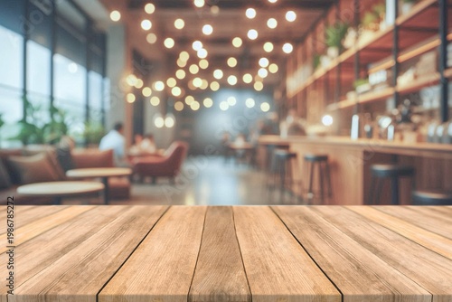 Empty wooden table top with blurred coffee shop and bokeh background for product display.