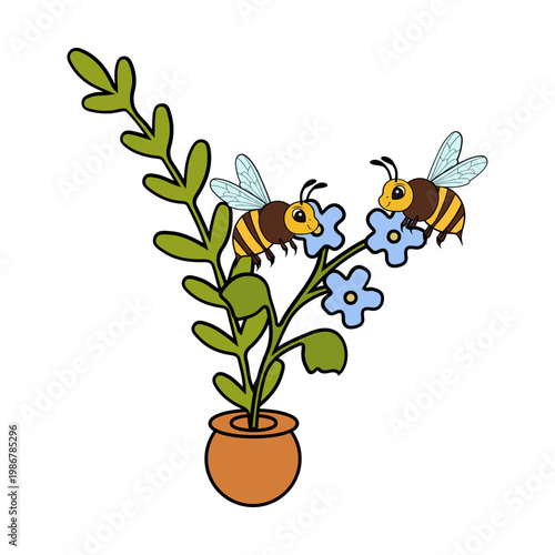 Cute Bees on Blue Flowers in Pot