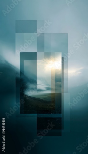 Ethereal Landscape with Abstract Overlay and Soft Light Reflection