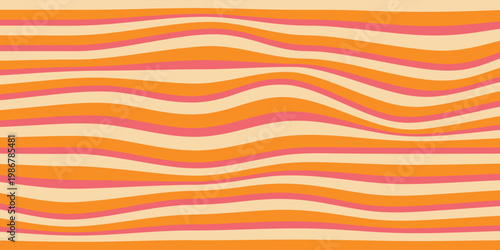 1970 Wavy Swirl Seamless Pattern in Orange and Pink Colors. Hand-Drawn Vector Illustration. Seventies Style, Groovy Background, Wallpaper, Print. Flat Design, Hippie Aesthetic.