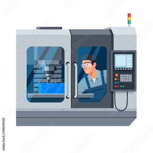 Machinist operating CNC machine, precision engineering, manufacturing process, industrial technology