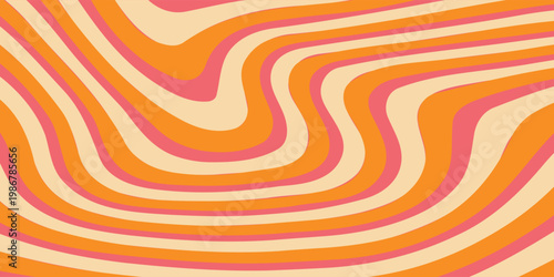 1970 Wavy Swirl Seamless Pattern in Orange and Pink Colors. Hand-Drawn Vector Illustration. Seventies Style, Groovy Background, Wallpaper, Print. Flat Design, Hippie Aesthetic.