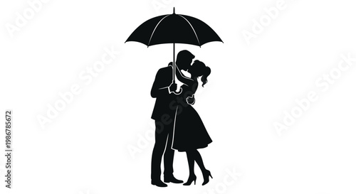 Couple sharing a romantic kiss under a black umbrella silhouette