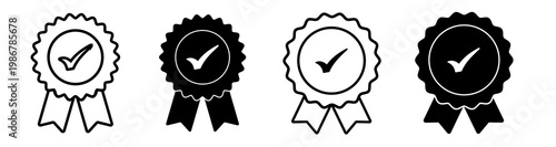 Quality icon. Approved or certified vector badge with check sign. Black and white quality checked icon on transparent background.