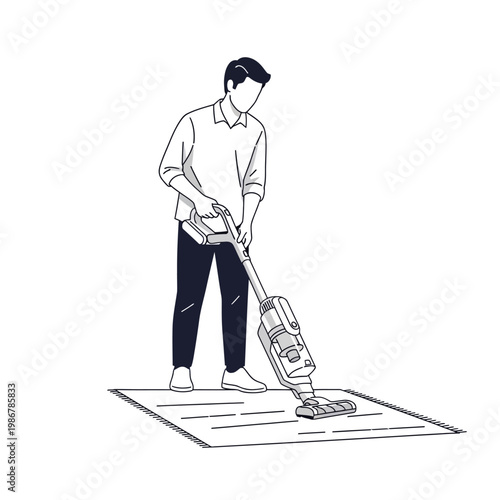 Man vacuuming carpet with cordless stick vacuum cleaner, modern home cleaning illustration