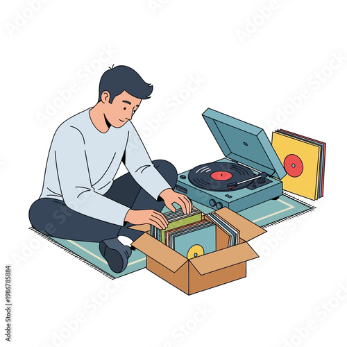 Man sorting vinyl records by turntable, retro music hobby, vintage lifestyle