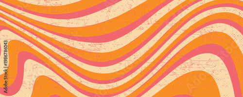 1970 Wavy Swirl Seamless Pattern in Orange and Pink Colors. Hand-Drawn Vector Illustration. Seventies Style, Groovy Background, Wallpaper, Print. Flat Design, Hippie Aesthetic.