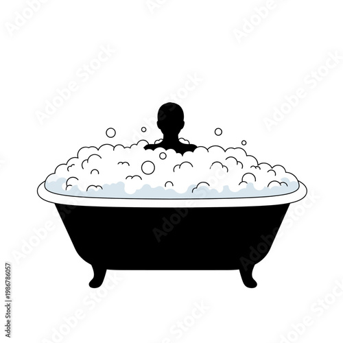 Silhouette Person Relaxing in Overflowing Bubble Bath Tub