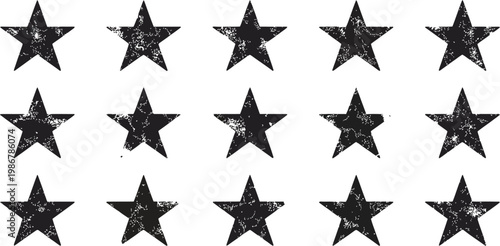 Grunge Star Shapes Collection – Distressed Black Five Point Symbols with Worn Texture, Vintage Rating Elements for Badges, Labels, Posters, Prints, and Retro Graphic Design Projects
