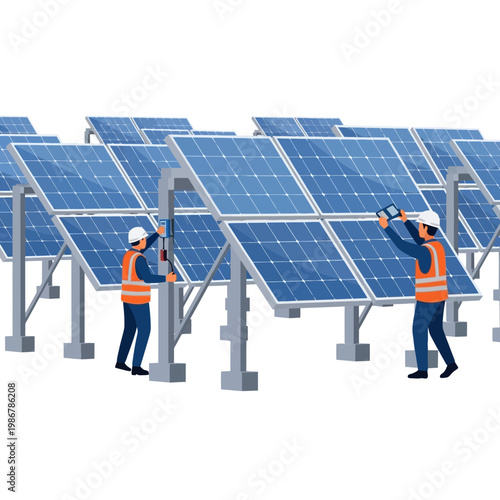 Solar panel installation, technicians working on renewable energy farm, white background