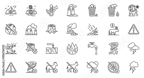 Set of environmental problems icons depicting pollution, deforestation, and climate change.